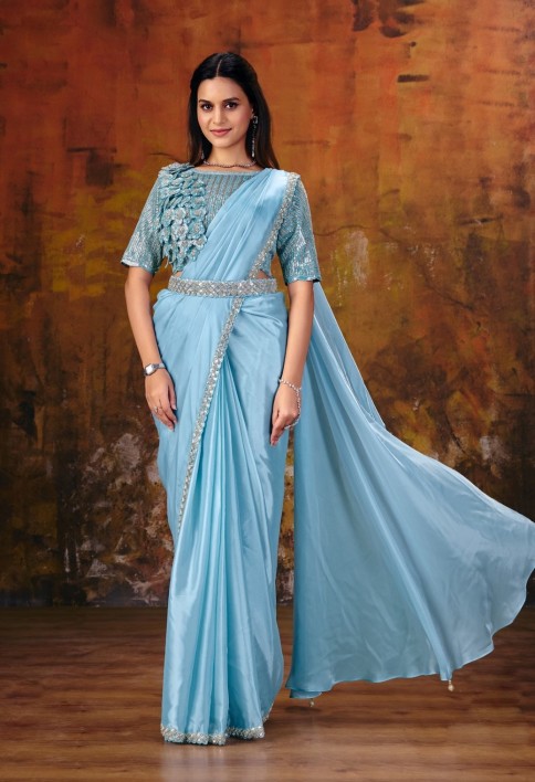 Firozi Blue Embroidered Wedding Party Designer Saree